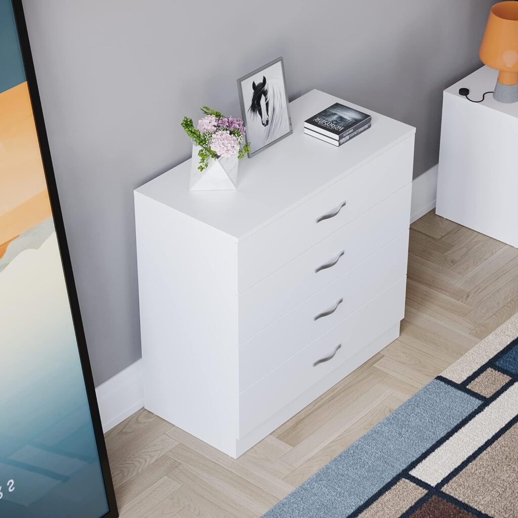 Vida Designs White Chest of Drawers, 4 Drawer With Metal Handles Runners, Unique Anti-Bowing Drawer Support, Riano Bedroom Furniture