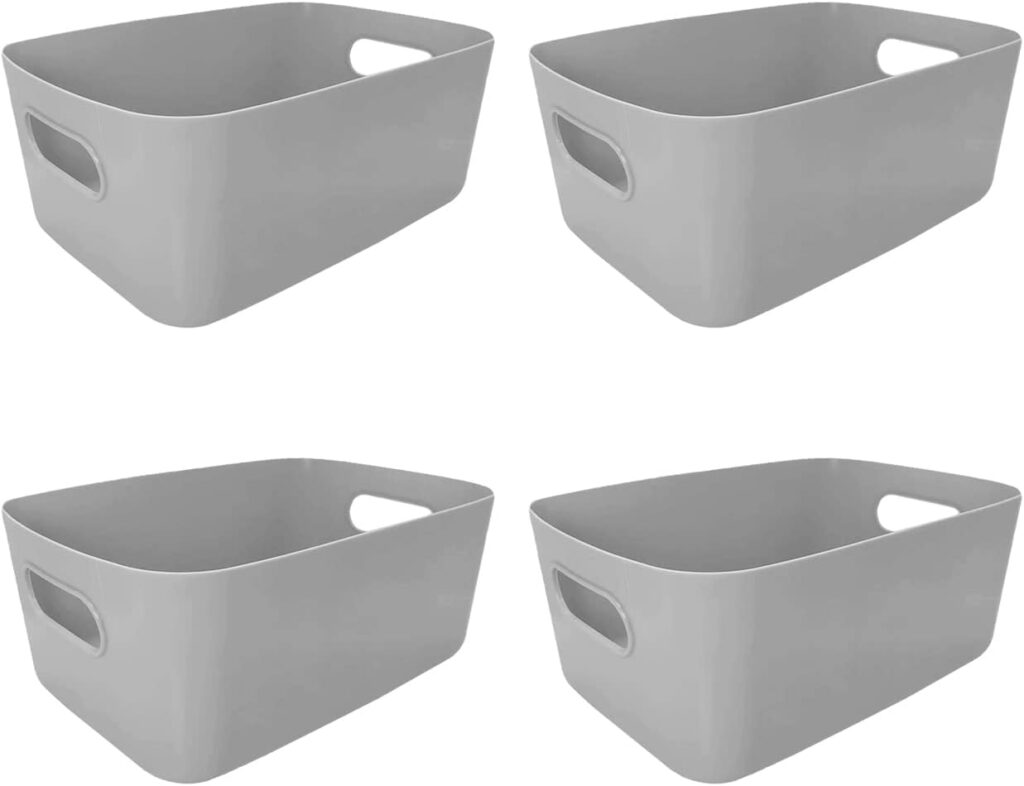 4 Pcs Plastic Storage Basket, Cupboard Organiser (25 x 17 x 10cm) Grey Cupboard Storage Boxes With Handles, Wardrobe Organiser Box, Kitchen Storage Organisation