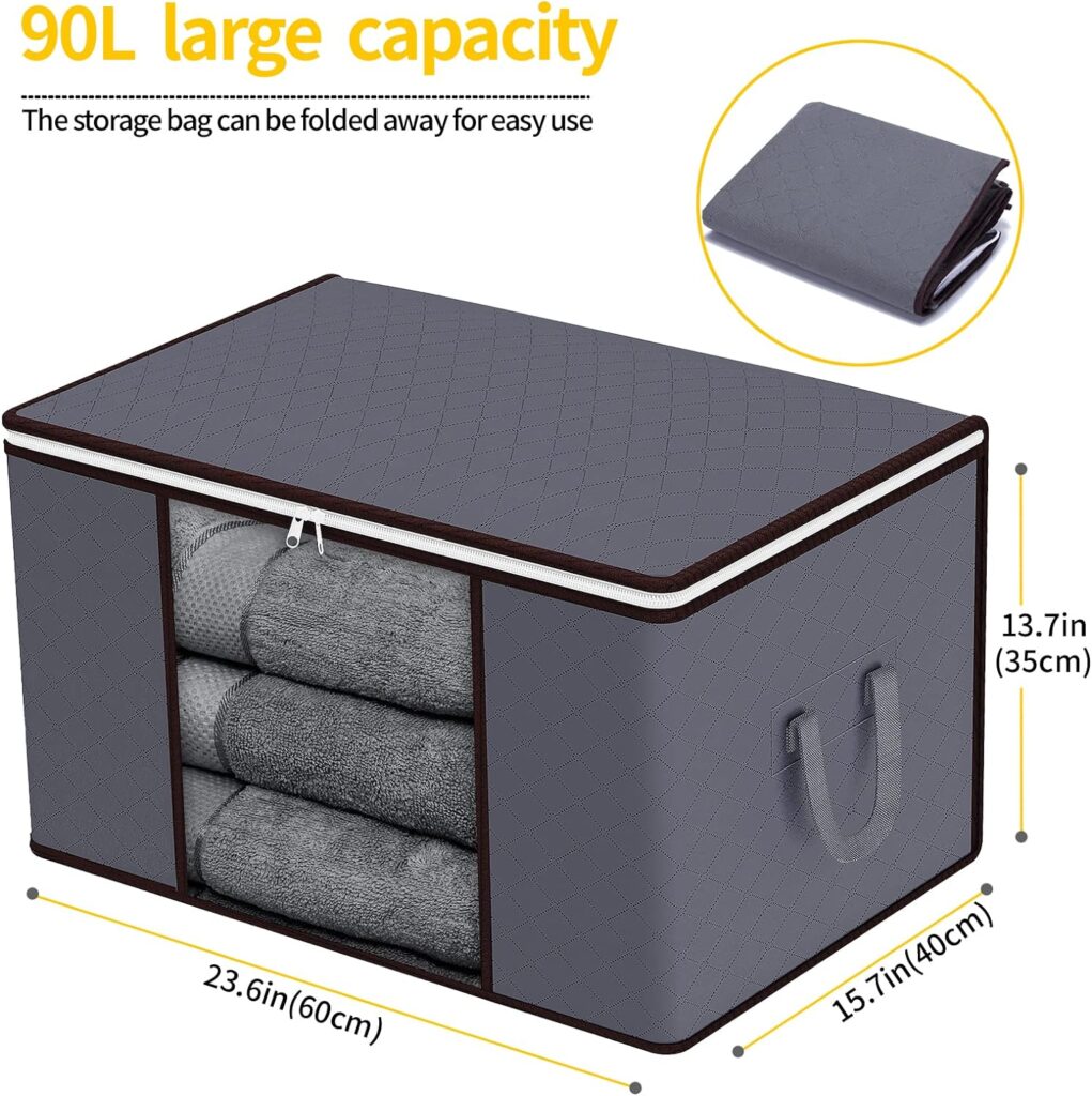 90L Storage Bags, 6Pack Clothes Storage, Large Capacity Clothes Storage Bags with Zips, Foldable Clothes Storage Bags with Reinforced Handle Breathable Thick Fabric for Comforters, Blankets, Bedding
