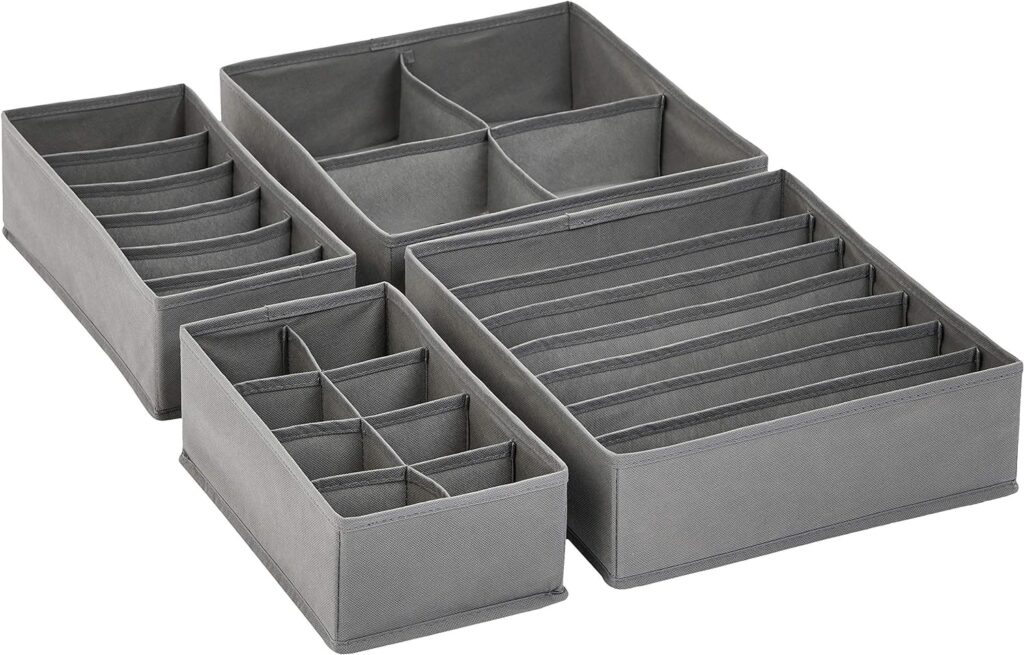 Amazon Basics Collapsible Clothes Drawer Organisers / Dividers for Wardrobe Bedroom or Kitchen, Set of 6, Grey