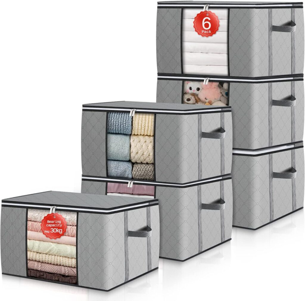 GoMaihe Large Capacity Clothes Storage Bags 6 Pack, Storage Boxes With Lids, Reinforced Handle Moving Boxes, Storage Box, Wardrobe Organiser for Duvet Bedding Clothing, Bedroom Underbed Storage Grey.