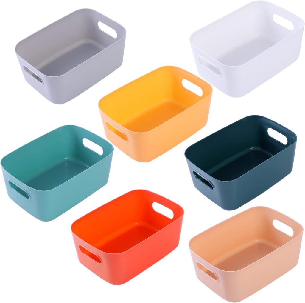 HapiLeap Plastic Storage Boxes, Multiple Colour Organisation Storage Baskets for Kitchen, Cupboard, Office, Bathroom, Toy, Home Tidy Open Storage Bins with Handles (7 Pack)