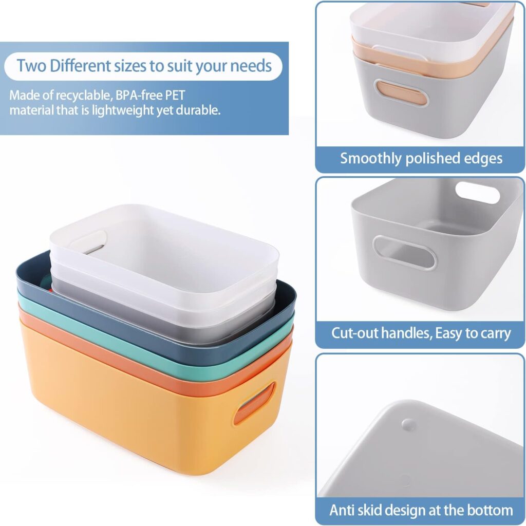 HapiLeap Plastic Storage Boxes, Multiple Colour Organisation Storage Baskets for Kitchen, Cupboard, Office, Bathroom, Toy, Home Tidy Open Storage Bins with Handles (7 Pack)