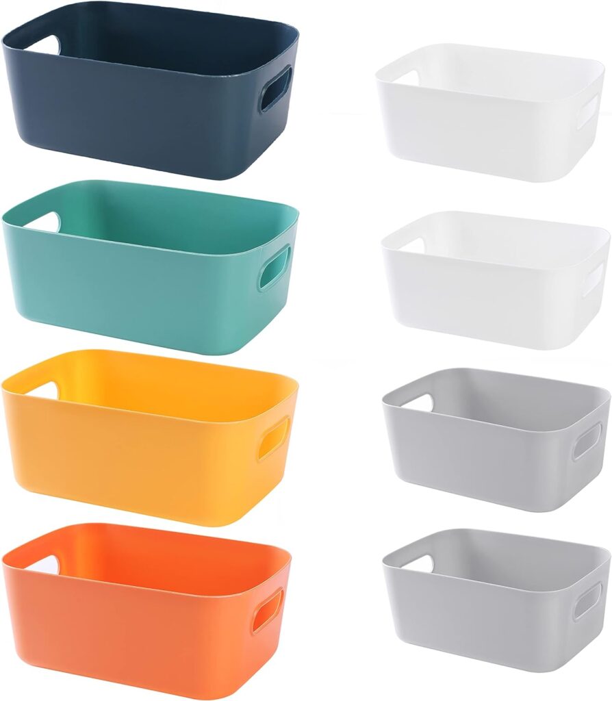 HapiLeap Plastic Storage Boxes, Multiple Colour Organisation Storage Baskets for Kitchen, Cupboard, Office, Bathroom, Toy, Home Tidy Open Storage Bins with Handles (7 Pack)