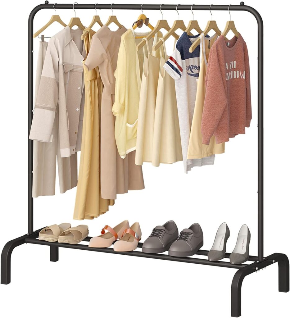JIUYOTREE Metal Clothes Rail 110 CM Clothing Rack Rail Coat Rail with Bottom Rack for Clothes, Coats, Skirts, Shirts, Sweaters, White