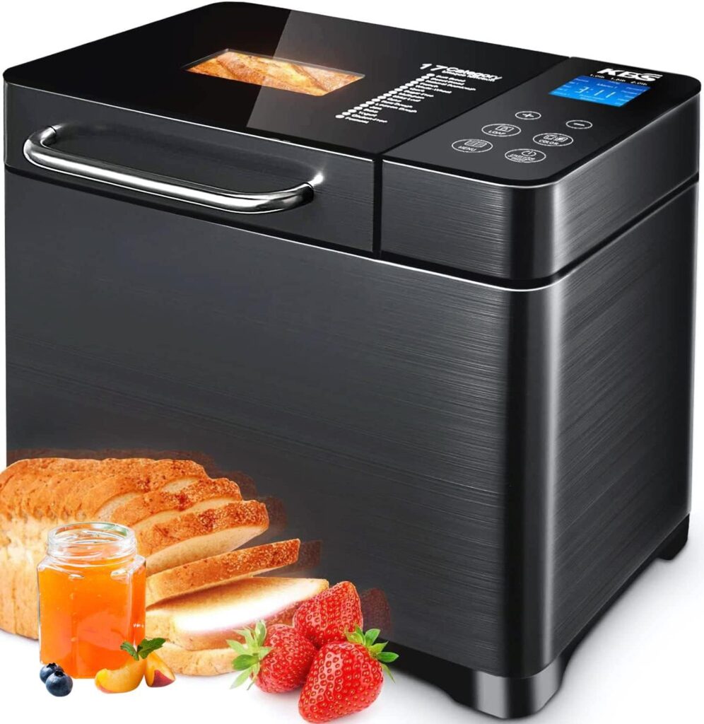 KBS 17-in-1 Bread Maker-Dual Heaters, 710W Machine Stainless Steel with Gluten-Free, Dough Maker,Jam,Yogurt PROG, Auto Nut Dispenser,Ceramic Pan Touch Panel, 3 Loaf Sizes 3 Crust Colors,Recipes