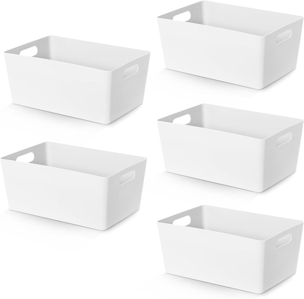 KEPLIN 5 Pack White Plastic Studio Storage Basket, Portable Container Boxes with Handles for Storage Organisation in Home Office, Shelfs, Drawers, Kitchen Cupboards (25.5x17x11cm)