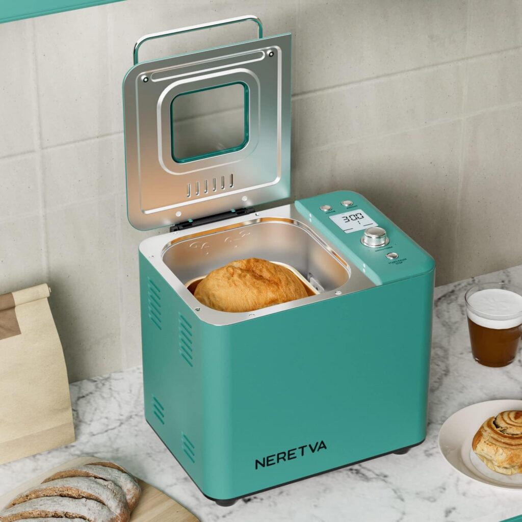 Neretva 20-in-1 2LB Bread Maker Machine with Gluten Free Pizza Sourdough Setting, Digital, Programmable, 1 Hour Keep Warm, 2 Loaf Sizes, 3 Crust Colors - Receipe Booked Included (Green)