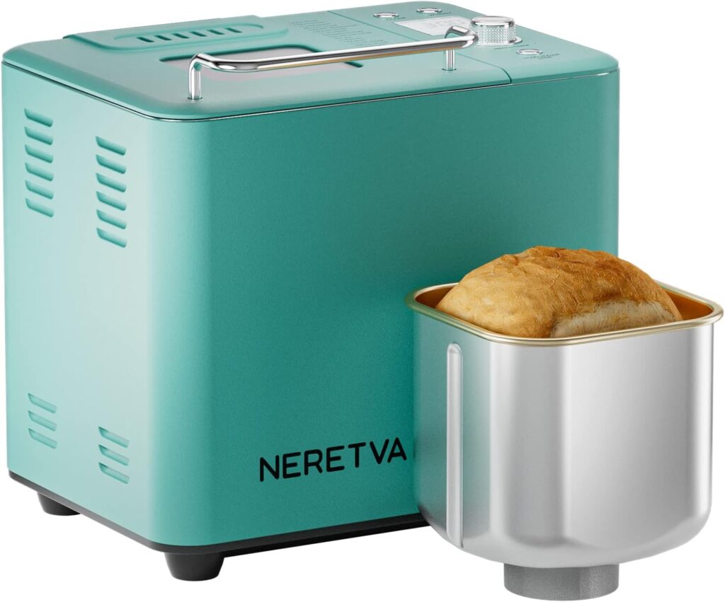 Neretva 20-in-1 2LB Bread Maker Machine with Gluten Free Pizza Sourdough Setting, Digital, Programmable, 1 Hour Keep Warm, 2 Loaf Sizes, 3 Crust Colors - Receipe Booked Included (Green)