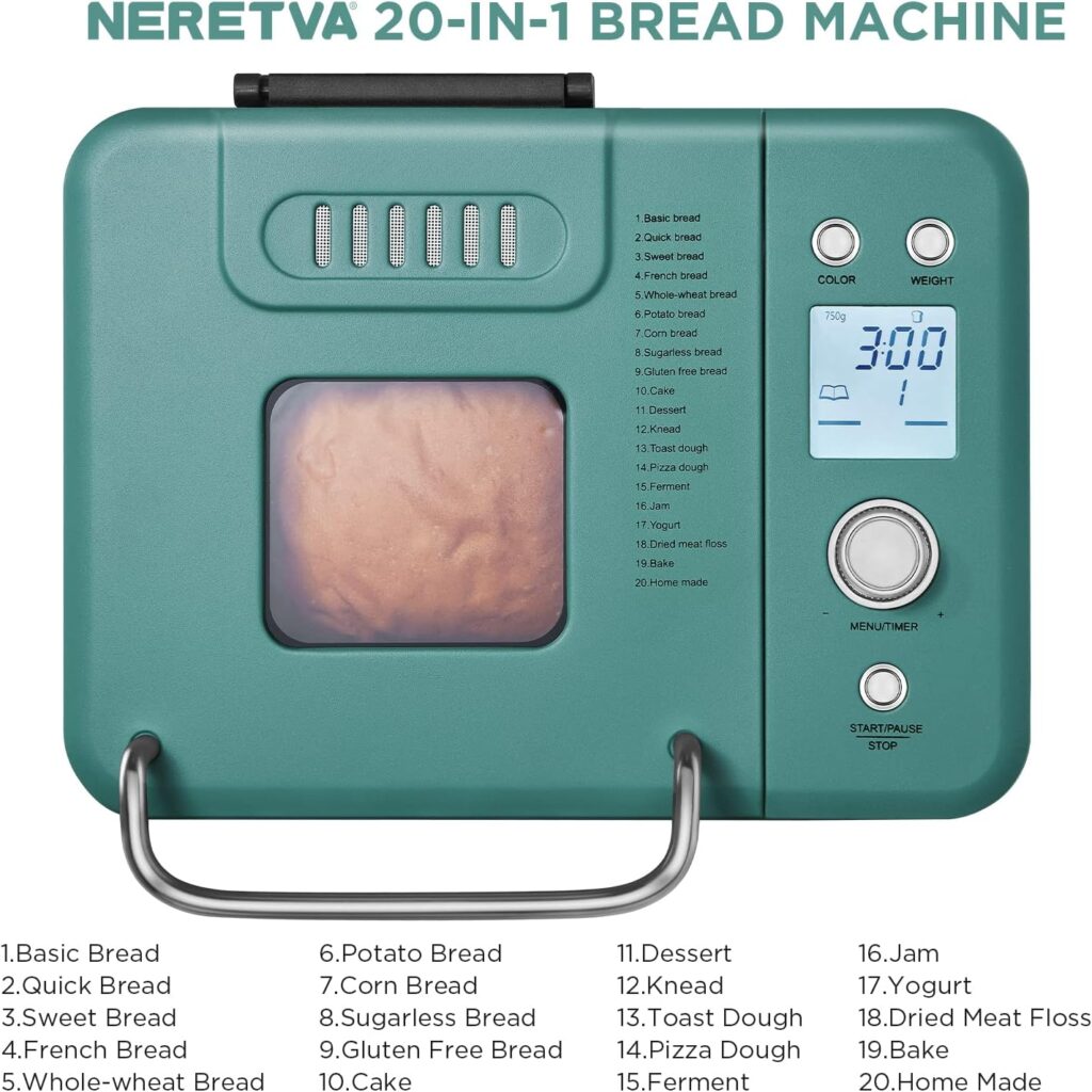 Neretva 20-in-1 2LB Bread Maker Machine with Gluten Free Pizza Sourdough Setting, Digital, Programmable, 1 Hour Keep Warm, 2 Loaf Sizes, 3 Crust Colors - Receipe Booked Included (Green)