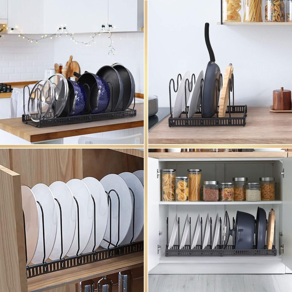 RAINBEAN Expandable Pans Organiser Rack,Pot and Pan Lid Holder With 10 Adjustable Dividers,Bakeware Saucepan Lid Storage for Kitchen Cupboard, Black