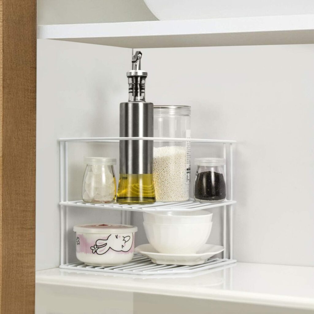 ROFAY Kitchen Cupboard Organiser, 3 Tier White Corner Plate Rack for Kitchen Cupboard Storage - Cupboard Shelf Insert Organiser (Pack of 2)