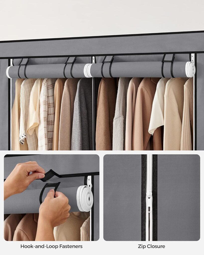 SONGMICS Clothes Wardrobe, Portable Closet, 45 x 127 x 176 cm, 2 Hanging Rails, Shelves, and 4 Side Pockets, Large Capacity for Bedroom, Living Room, Black RYG008B02