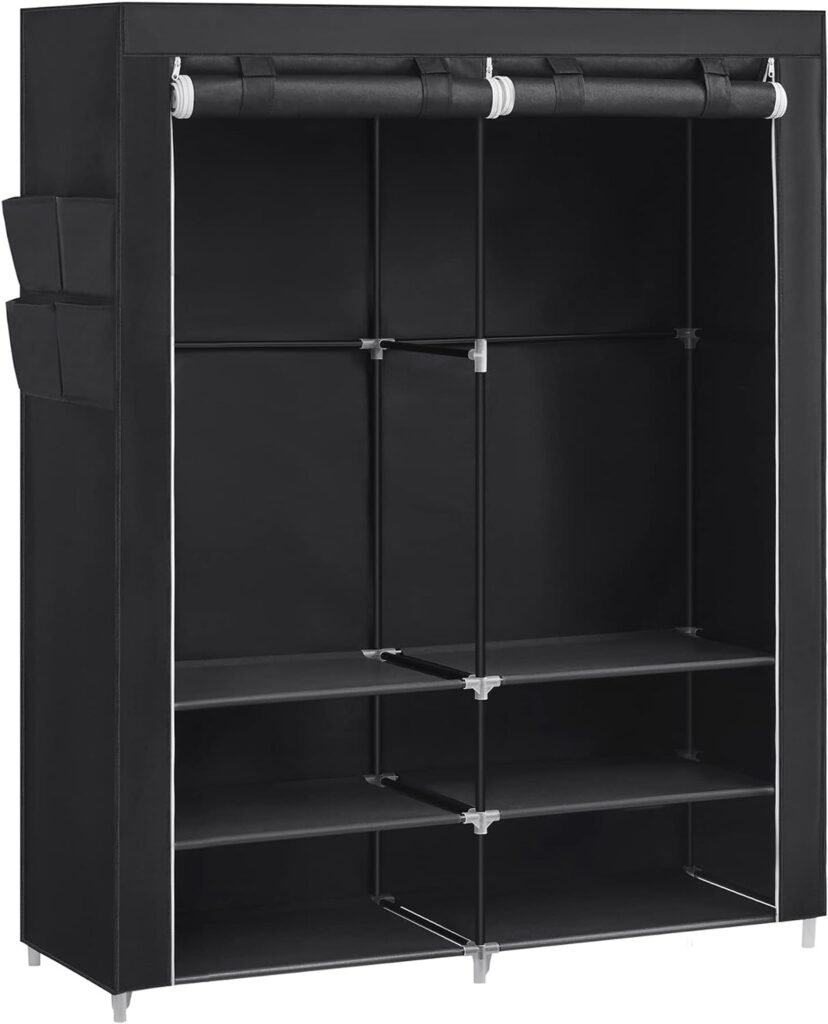 SONGMICS Clothes Wardrobe, Portable Closet, 45 x 127 x 176 cm, 2 Hanging Rails, Shelves, and 4 Side Pockets, Large Capacity for Bedroom, Living Room, Black RYG008B02