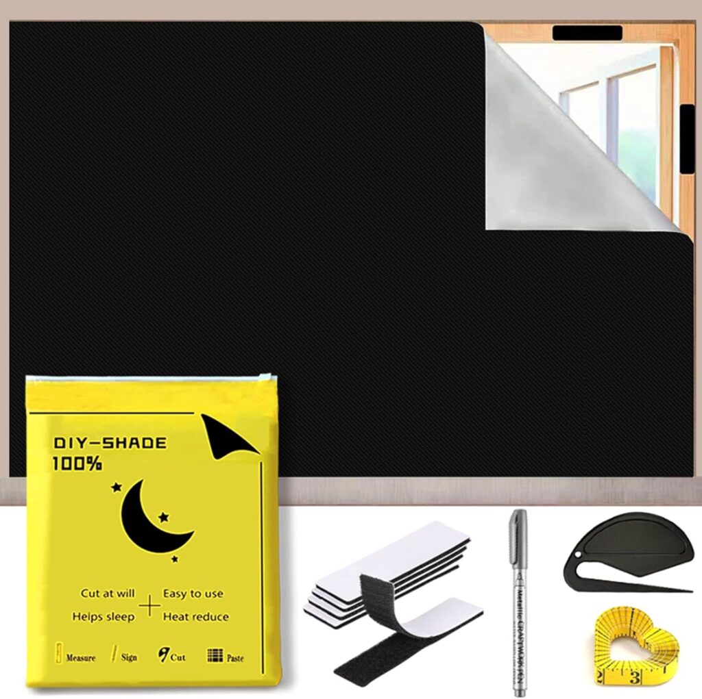 Temporary Blackout Blinds 300x145cm Stick on Blinds for Windows Blackout Curtains for Bedroom No Drill Blinds with Self Adhesive Fasteners and Cutting Tool