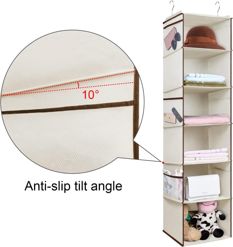 Univivi Hanging Wardrobe Storage Organiser, 6 Shelves Wardrobe Closet Organiser, Hanging Storage Shelves with 6 Side Mesh Pockets Canvas Wardrobe, Hanging Shelves for Wardrobe Closet Clothing - Beige