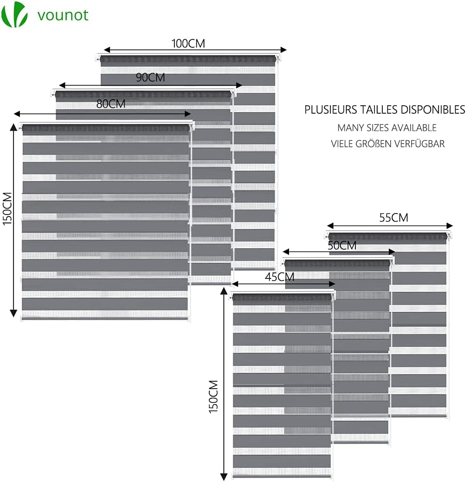 VOUNOT Day and Night Zebra Roller Blind with Clips 45 x 150 cm, Double Fabric Translucent or Blackout Vision Curtains for Window and Door, No Drilling, Grey