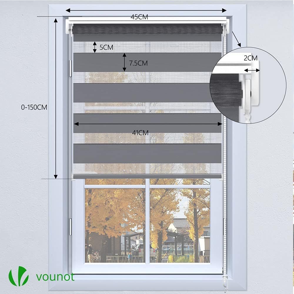 VOUNOT Day and Night Zebra Roller Blind with Clips 45 x 150 cm, Double Fabric Translucent or Blackout Vision Curtains for Window and Door, No Drilling, Grey