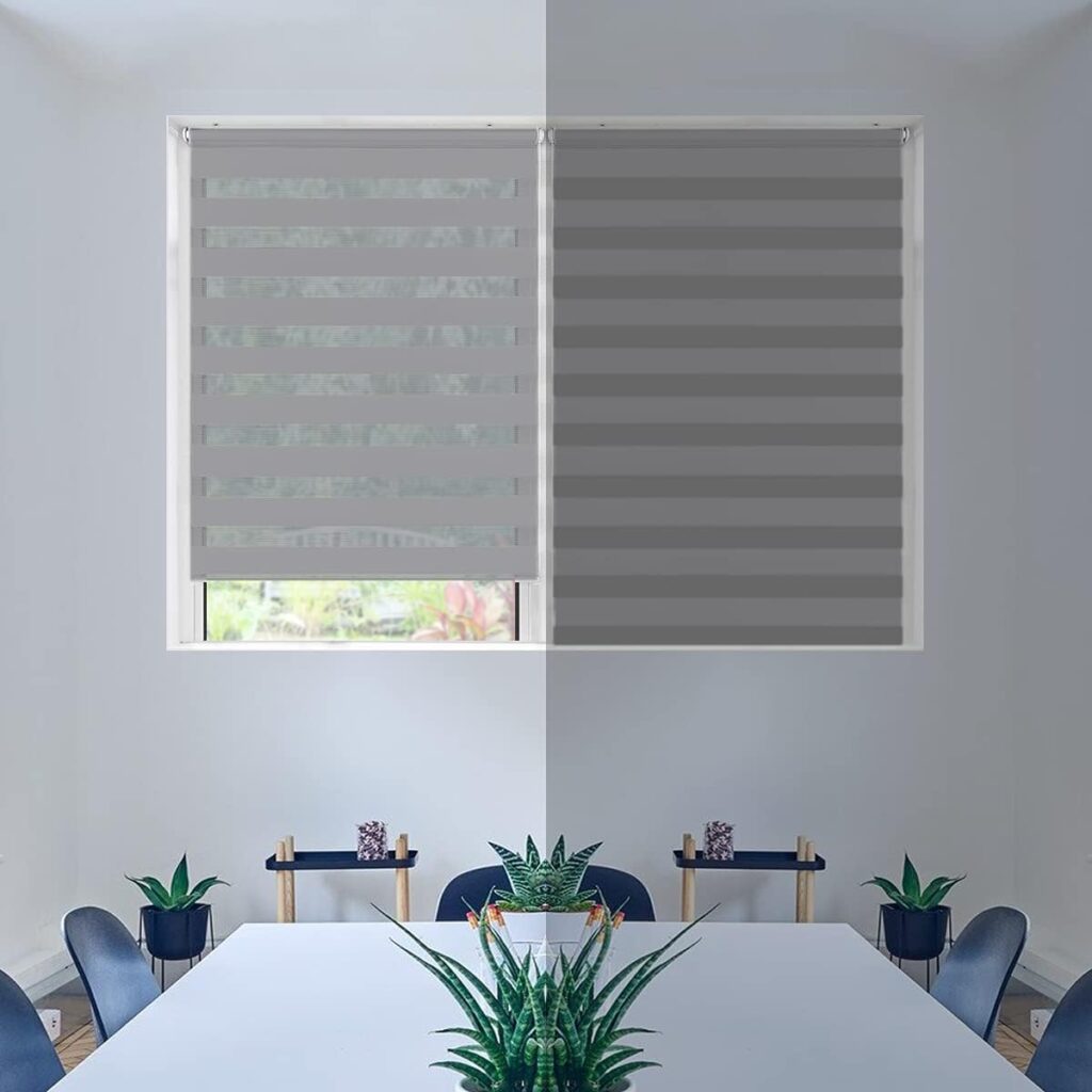 VOUNOT Day and Night Zebra Roller Blind with Clips 45 x 150 cm, Double Fabric Translucent or Blackout Vision Curtains for Window and Door, No Drilling, Grey