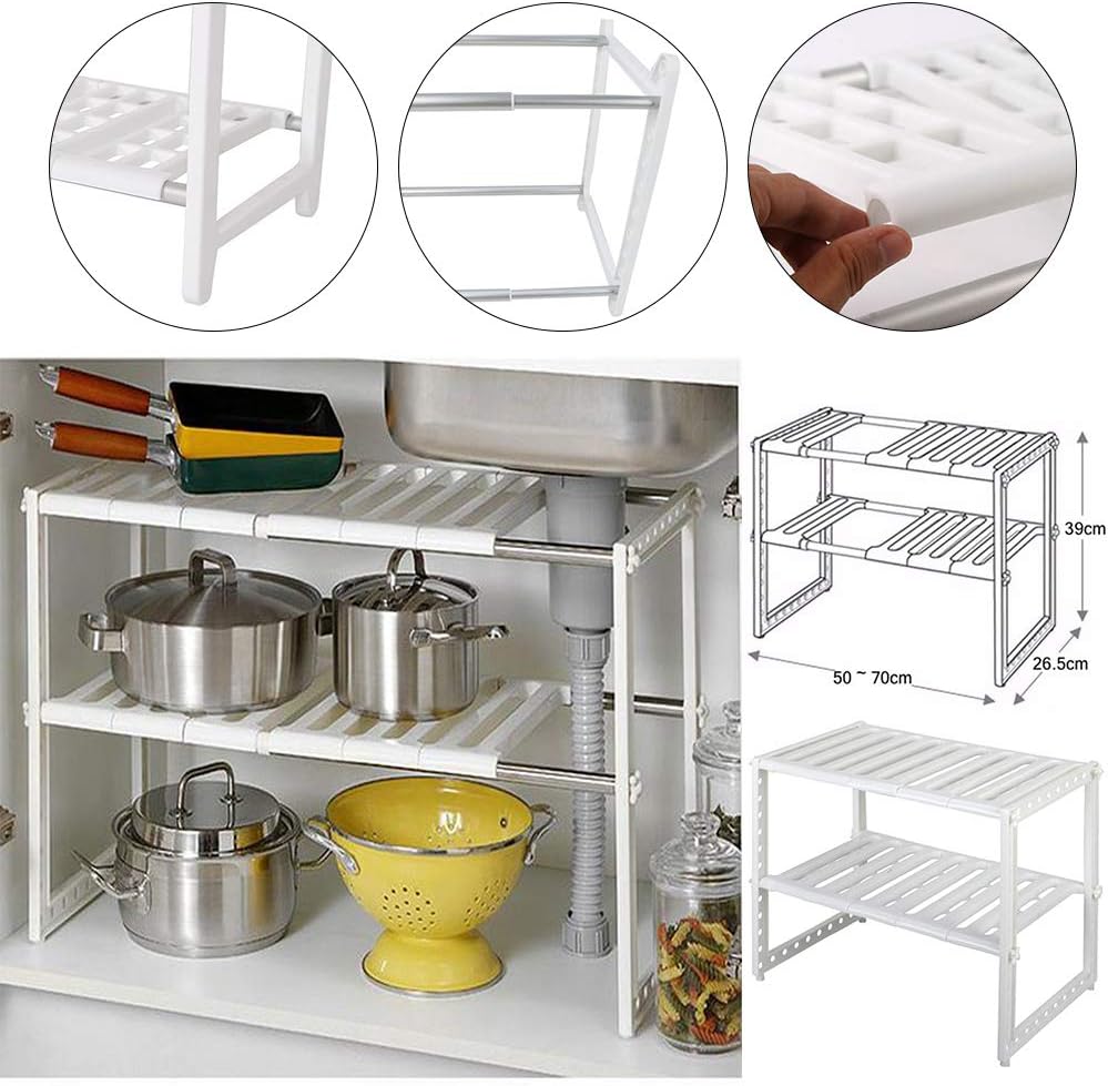 Warmiehomy 2 Tier Extendable Sink Shelf Adjustable Under Sink Rack Multifuctional Storage Rack Stainless Steel Tubes for Kitchen Bathroom Cabinet ((50-70) x26.5x39cm)