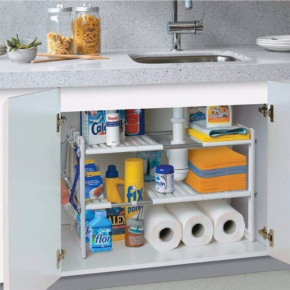 Warmiehomy 2 Tier Extendable Sink Shelf Adjustable Under Sink Rack Multifuctional Storage Rack Stainless Steel Tubes for Kitchen Bathroom Cabinet ((50-70) x26.5x39cm)