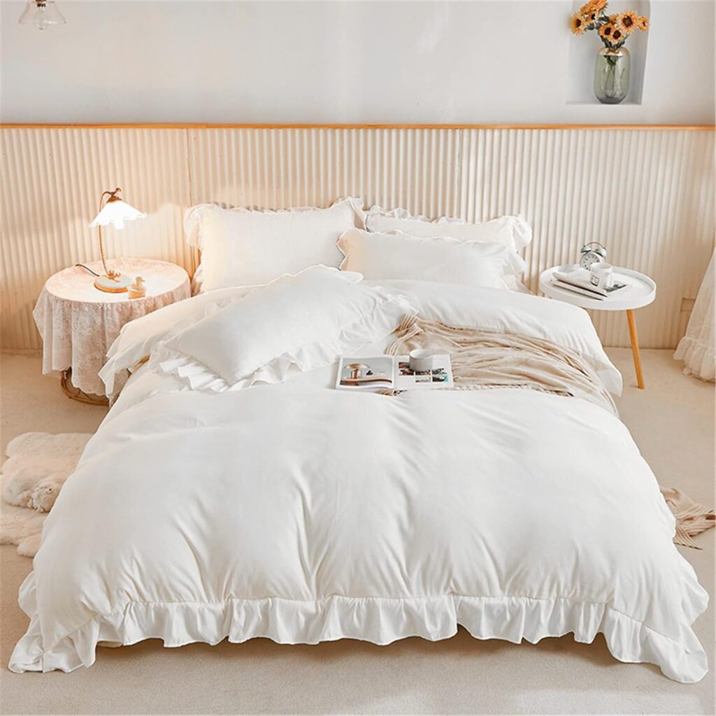 3 Pieces White Ruffle Bedding Set with 2 Pillowcase Frills Duvet Cover with Zipper Closure Soft Microfiber Duvet Cover Set Double 200x200 cm