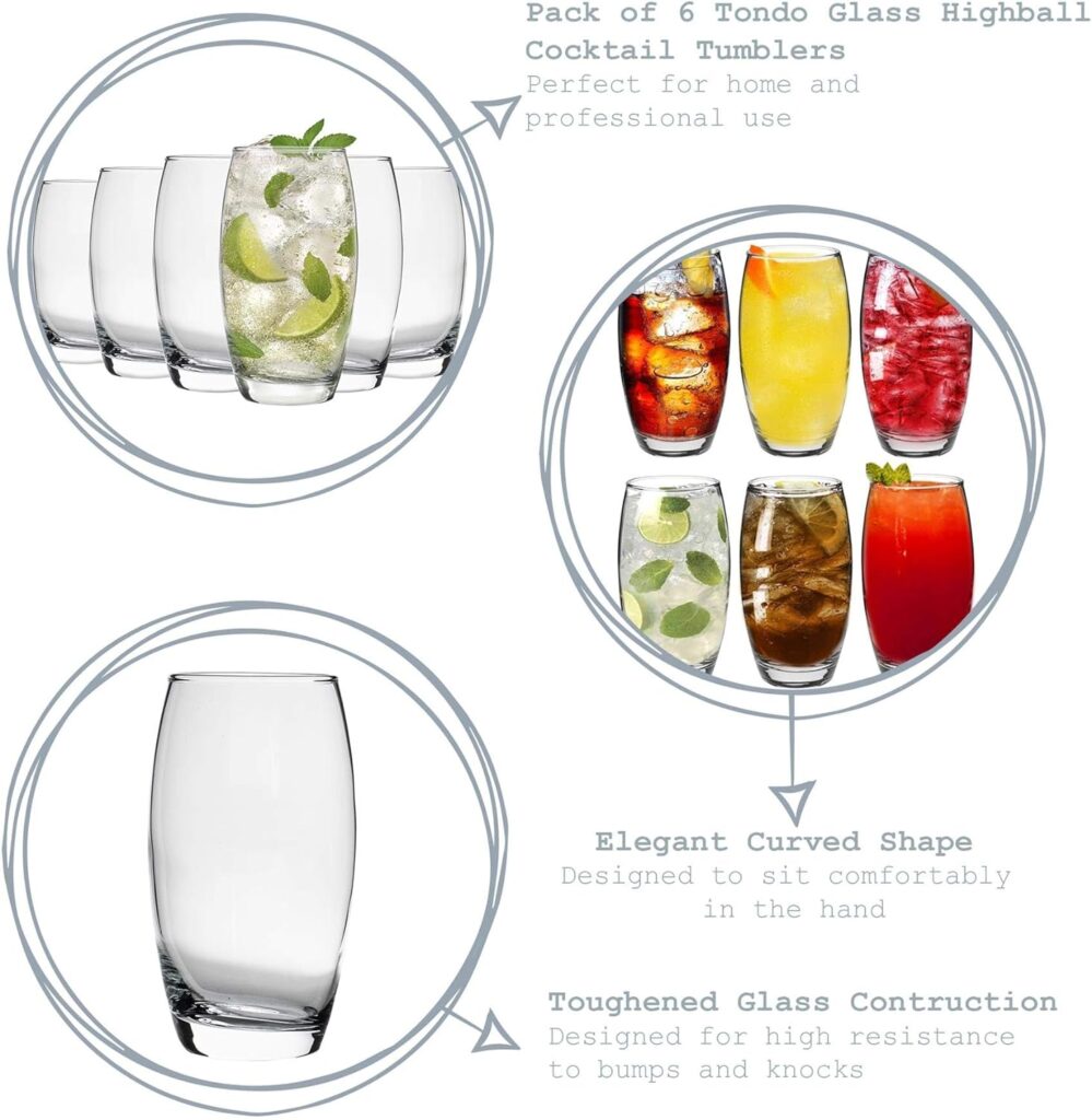 6x Clear 510ml Empire Highball Glasses - Tall Hi Ball Glass Water Gin Juice Cocktail Drinking Glassware Tumblers Set - By LAV