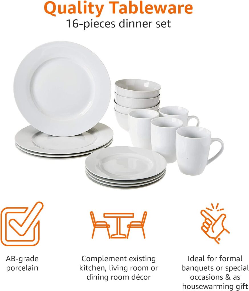 Amazon Basics 16-Piece Dinnerware Set, Service for 4, AB-grade porcelain, White