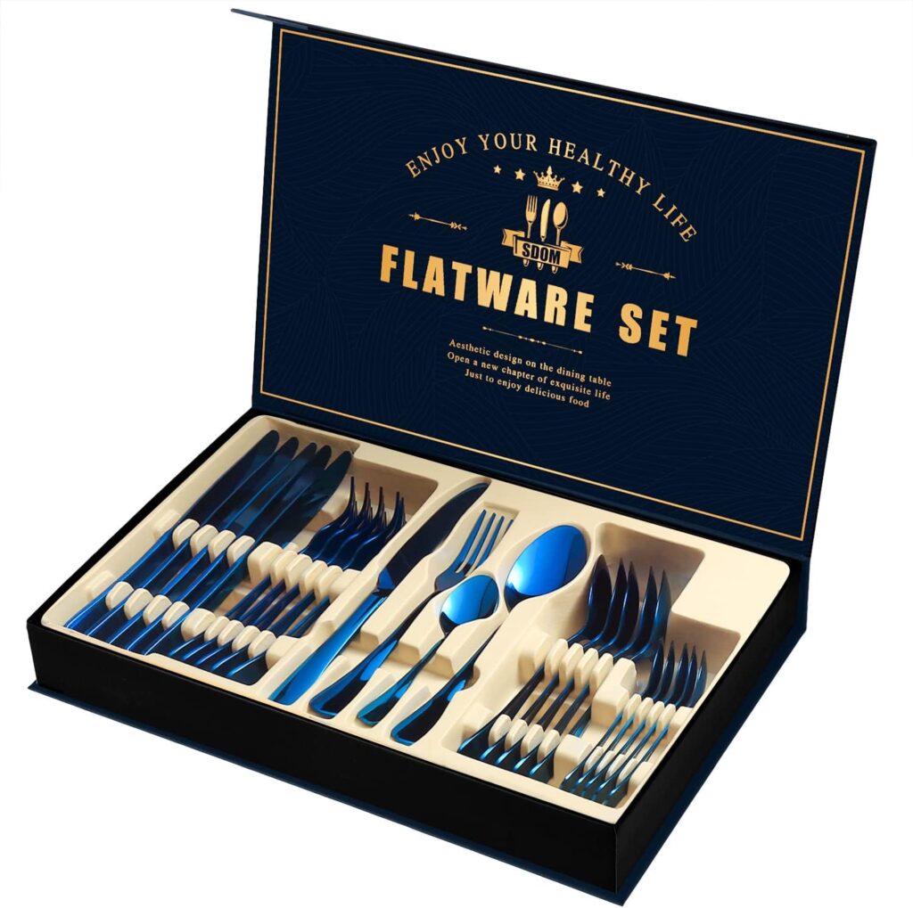 Blue Silverware Set, 24-Piece Stainless Steel Flatware Service for 6, Mirror Finish Cutlery Set with Gift Box