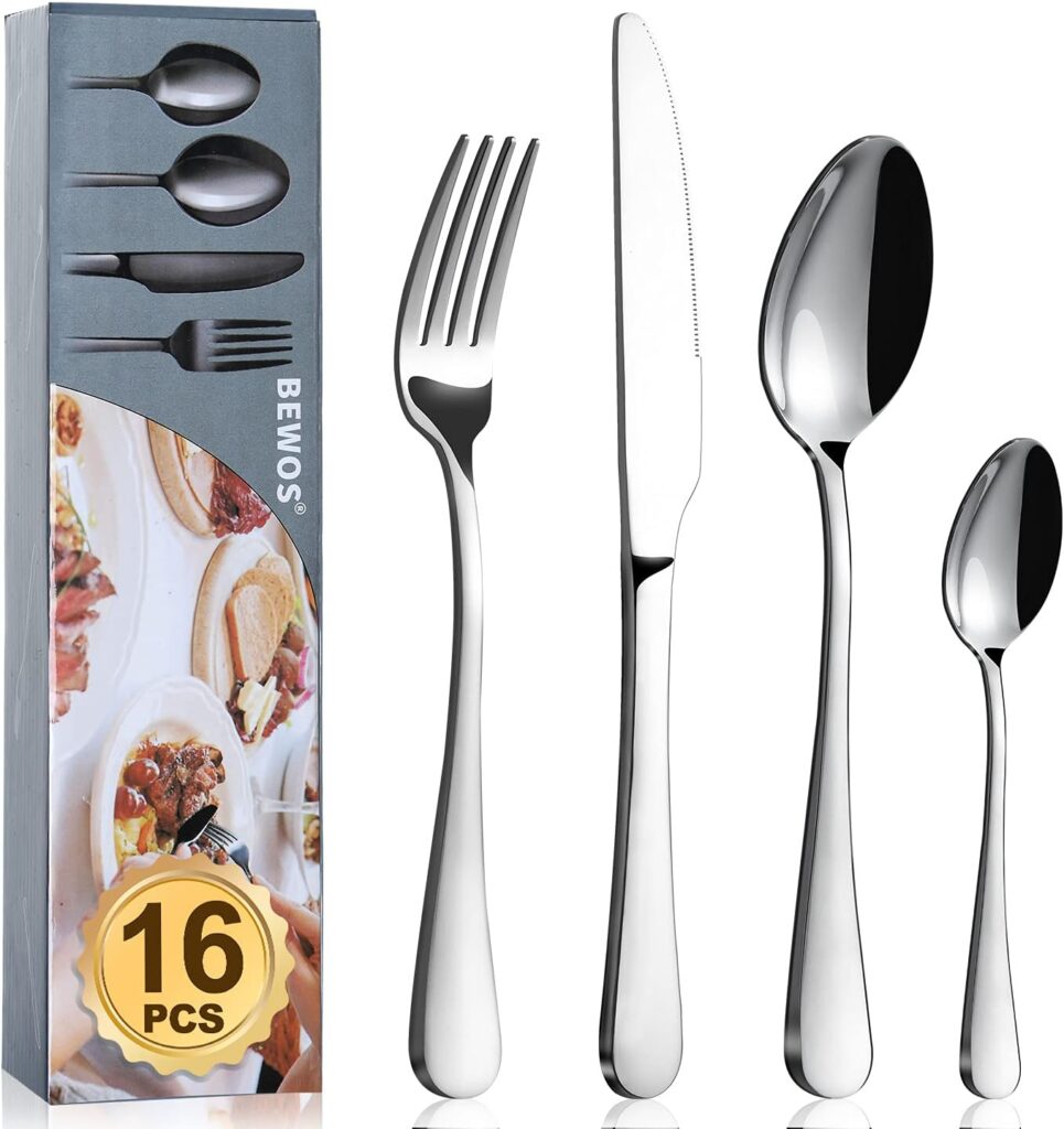 Cutlery Set, BEWOS 16-Piece Stainless Steel Flatware Set, Tableware Silverware Set with Spoon Knife and Fork Set, Service for 4, Dishwasher Safe/Easy Clean, Mirror Polished