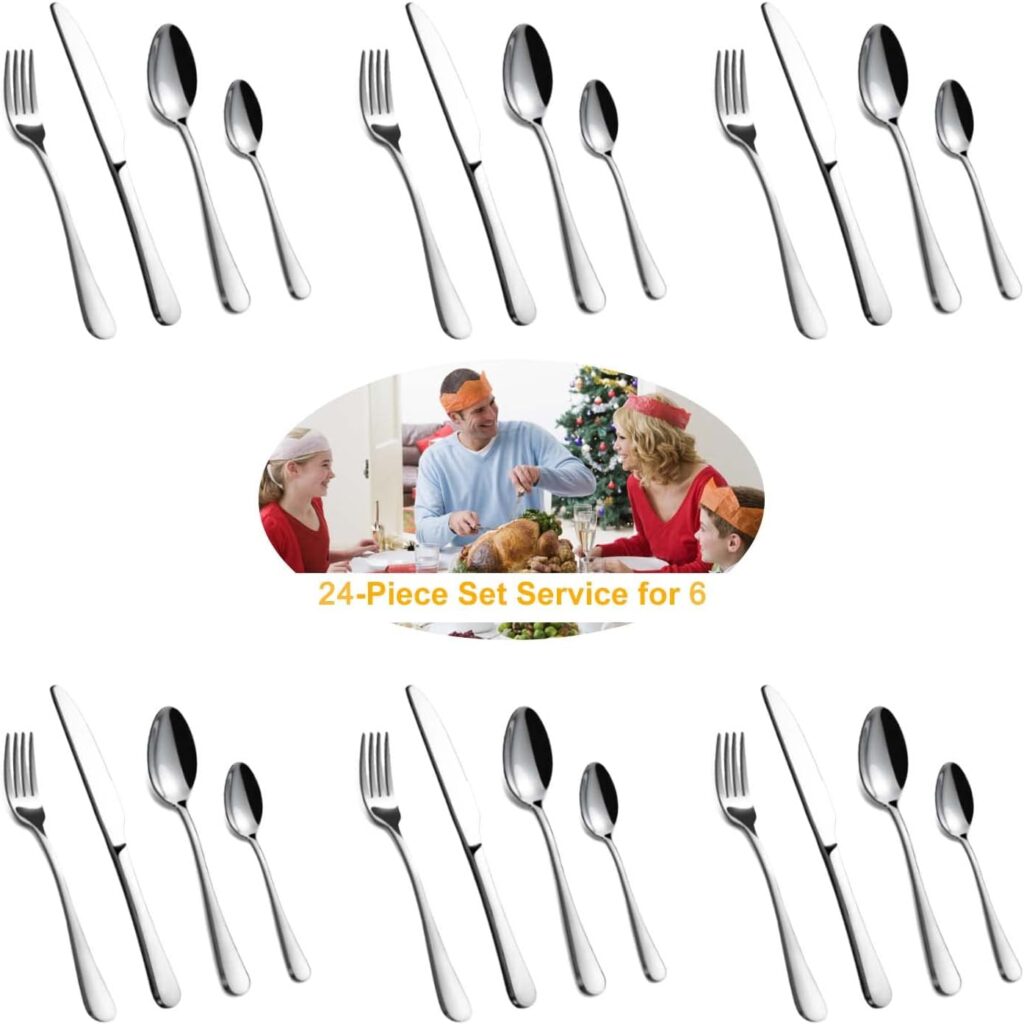 Cutlery Set, BEWOS 24-Piece Stainless Steel Flatware Set, Tableware Silverware Set with Spoon Knife and Fork Set, Service for 6, Dishwasher Safe/Easy Clean, Mirror Polished