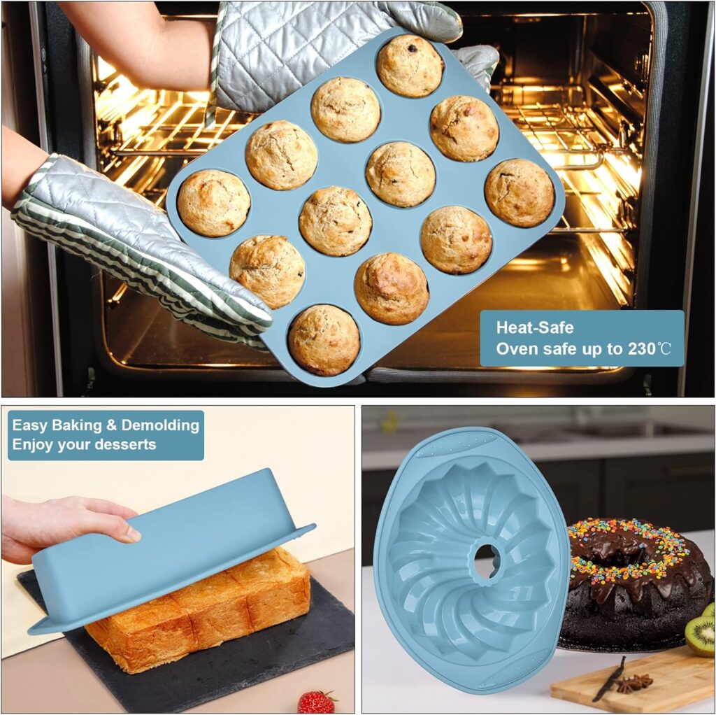 Economical 7in1 Nonstick Silicone Baking Cake Pan Tin Tray Sheet Mould Set for Oven, BPA Free Heat Resistant Bakeware Supplies Mold Tools Kit for Pancake Crepe Cupcake Bread Loaf Muffin Scones Utensil