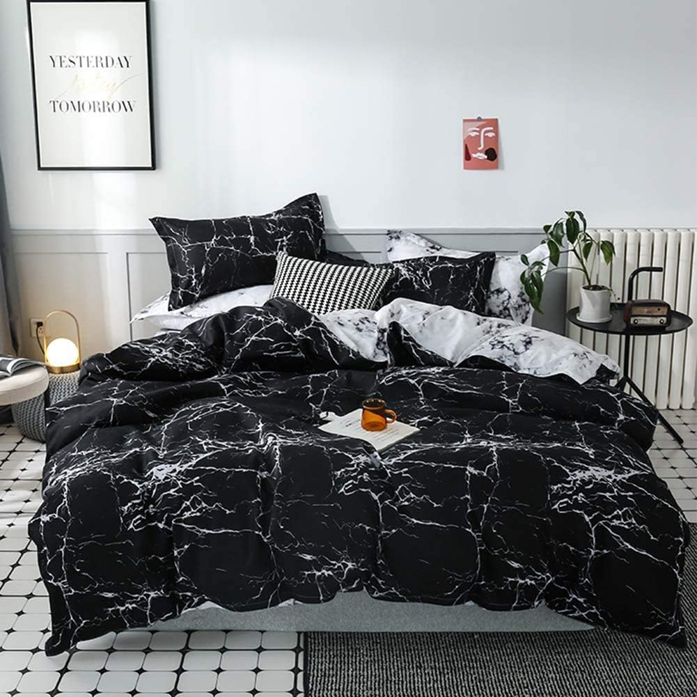 Gafance 3PCS White Marbling Printed Duvet Cover Black Bedding Set Double, Soft Easy Care Comforter Cover with Zipper Closure, Lightweight Double Bed Quilt Cover (200 X 200 CM) 2 Pillowcases