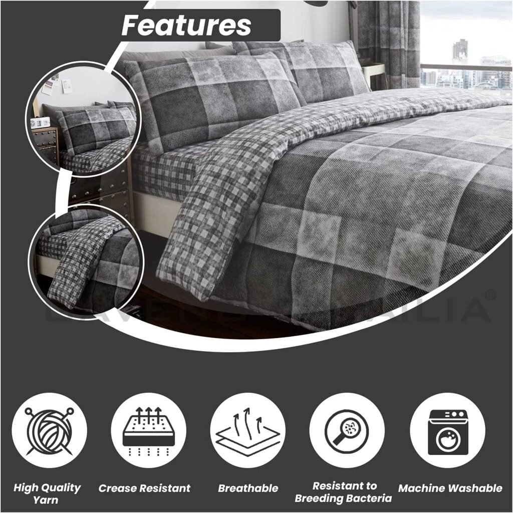 GC GAVENO CAVAILIA Checked Duvet Cover Sets Double, Super Soft Reversible Checkered Bedding Quilt Set, Grey