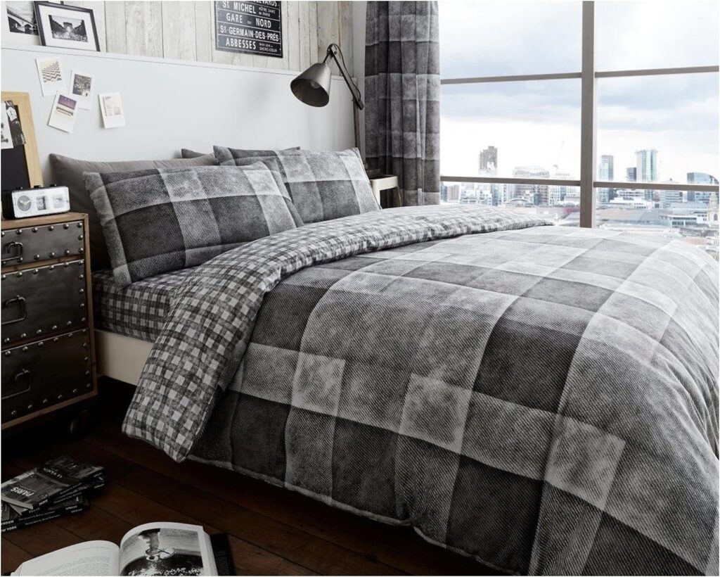 GC GAVENO CAVAILIA Checked Duvet Cover Sets Double, Super Soft Reversible Checkered Bedding Quilt Set, Grey