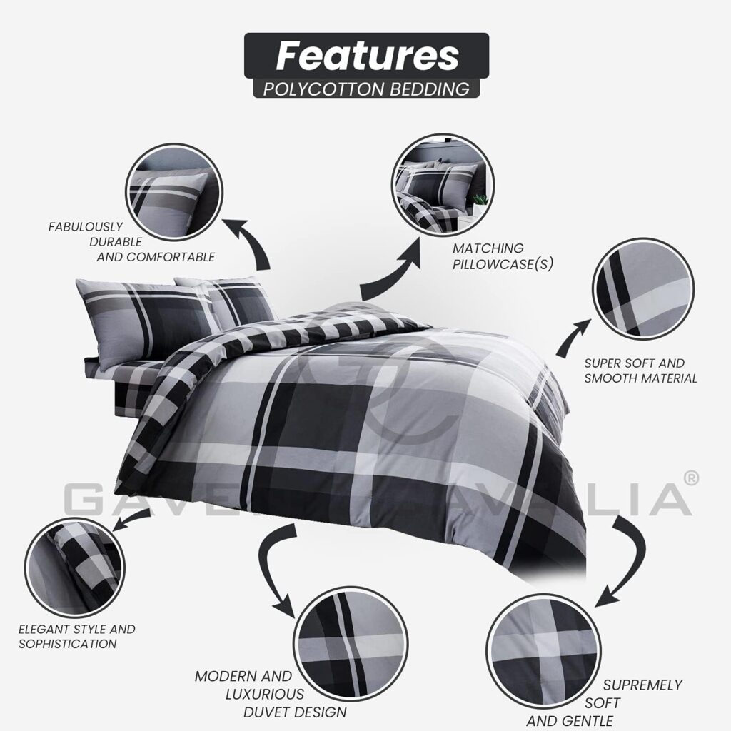 GC GAVENO CAVAILIA Checkered Duvet Cover Sets, Soft Warm Polycotton Printed Bedding Double Bed Set, Grey