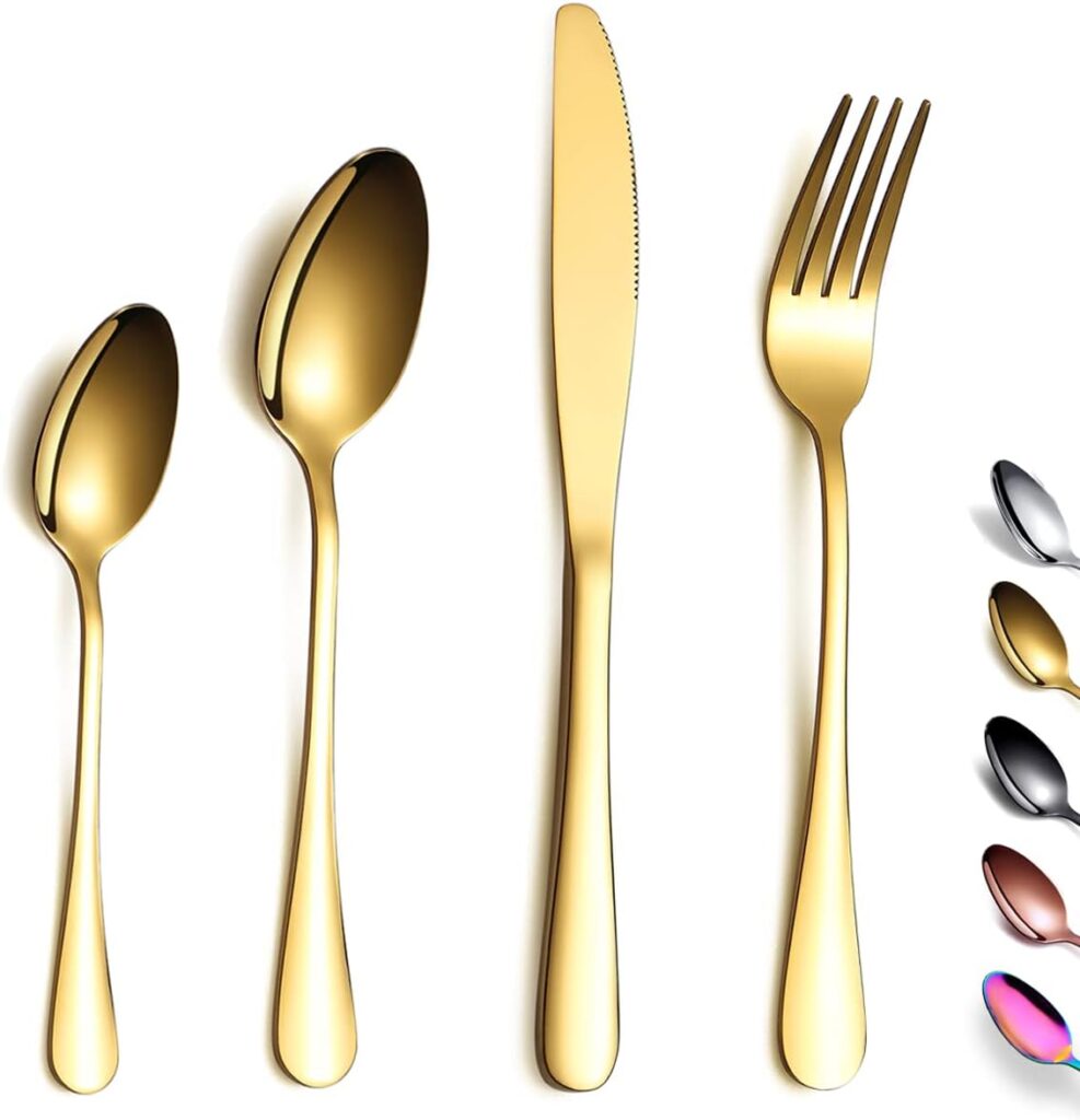 Golden Cutlery Set 24 Pieces,Kyraton Titanium Gold Plated Stainless Steel Tableware Set,Stainless Steel Flatware Set,Stainless Steel Flatware Silverware Sets,Dishwasher Safe.