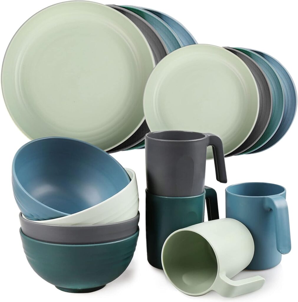 Greentainer Unbreakable Plastic Dinnerware Set, Lightweight Tableware with 4 Dinning Plates, 4 Dessert Plates, 4 Bowls, 4 Cups Kids Adults, Service for 4, DishwasherMicrowave Safe,16 Pcs