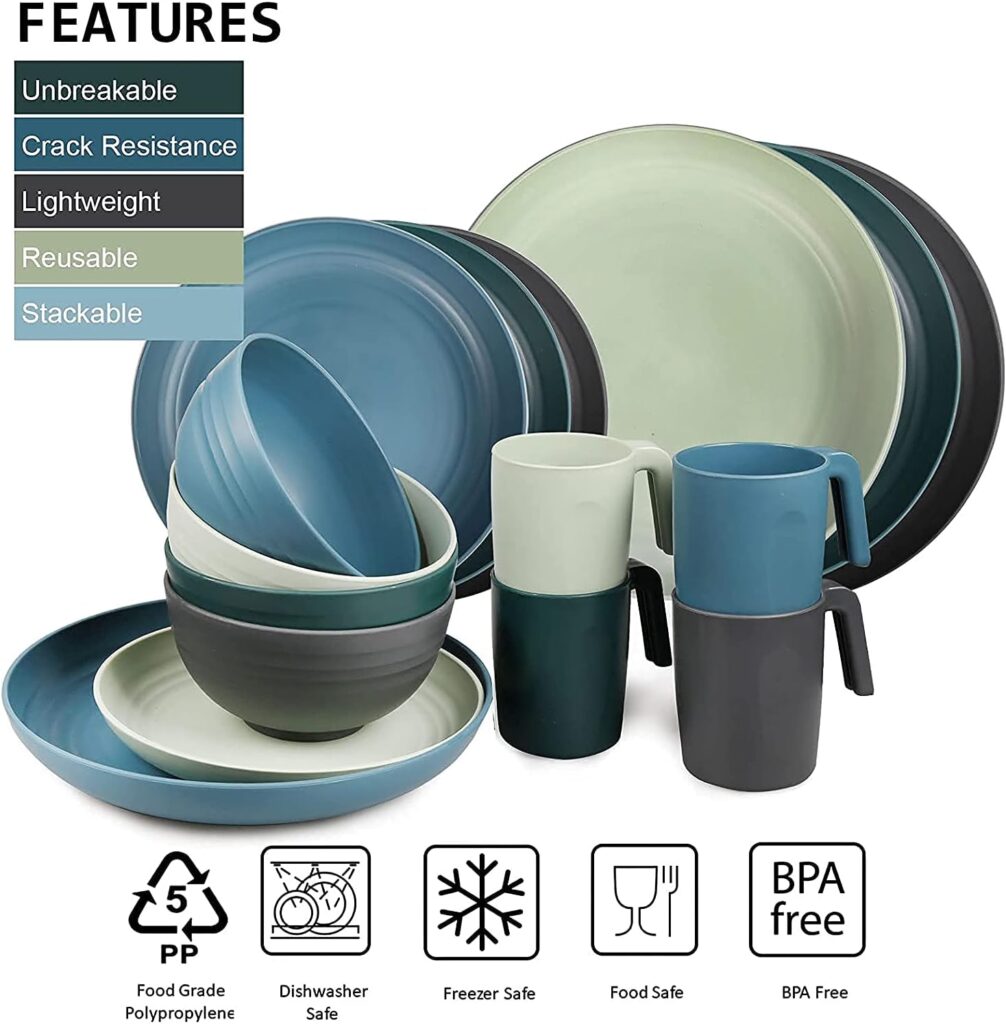 Greentainer Unbreakable Plastic Dinnerware Set, Lightweight Tableware with 4 Dinning Plates, 4 Dessert Plates, 4 Bowls, 4 Cups Kids Adults, Service for 4, DishwasherMicrowave Safe,16 Pcs