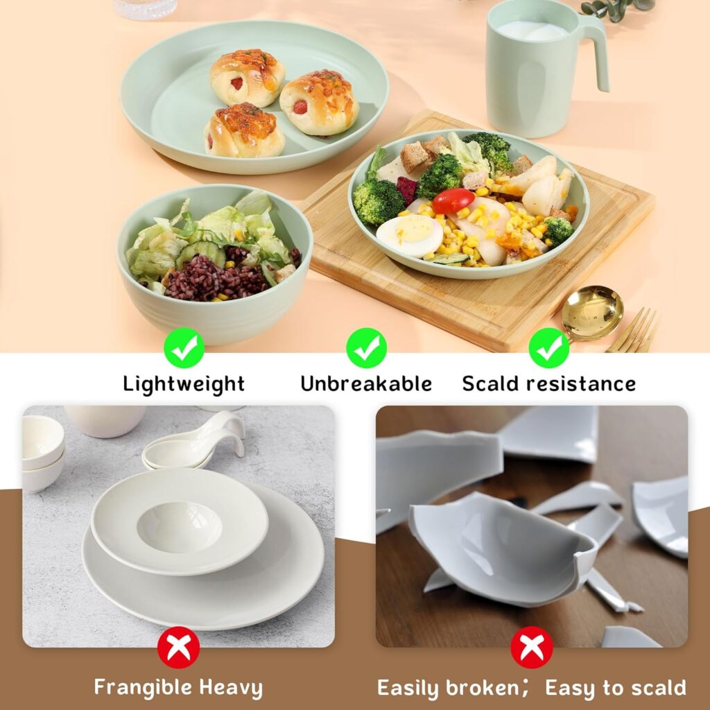 Greentainer Unbreakable Plastic Dinnerware Set, Lightweight Tableware with 4 Dinning Plates, 4 Dessert Plates, 4 Bowls, 4 Cups Kids Adults, Service for 4, DishwasherMicrowave Safe,16 Pcs