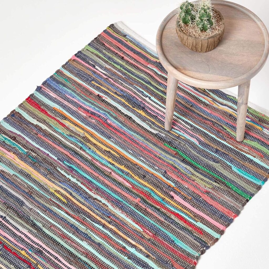HOMESCAPES - 100% Recycled Cotton Chindi Rug - 120 x 180 cm - 4 ft x 6 ft - Multi Coloured Stripes on White Base