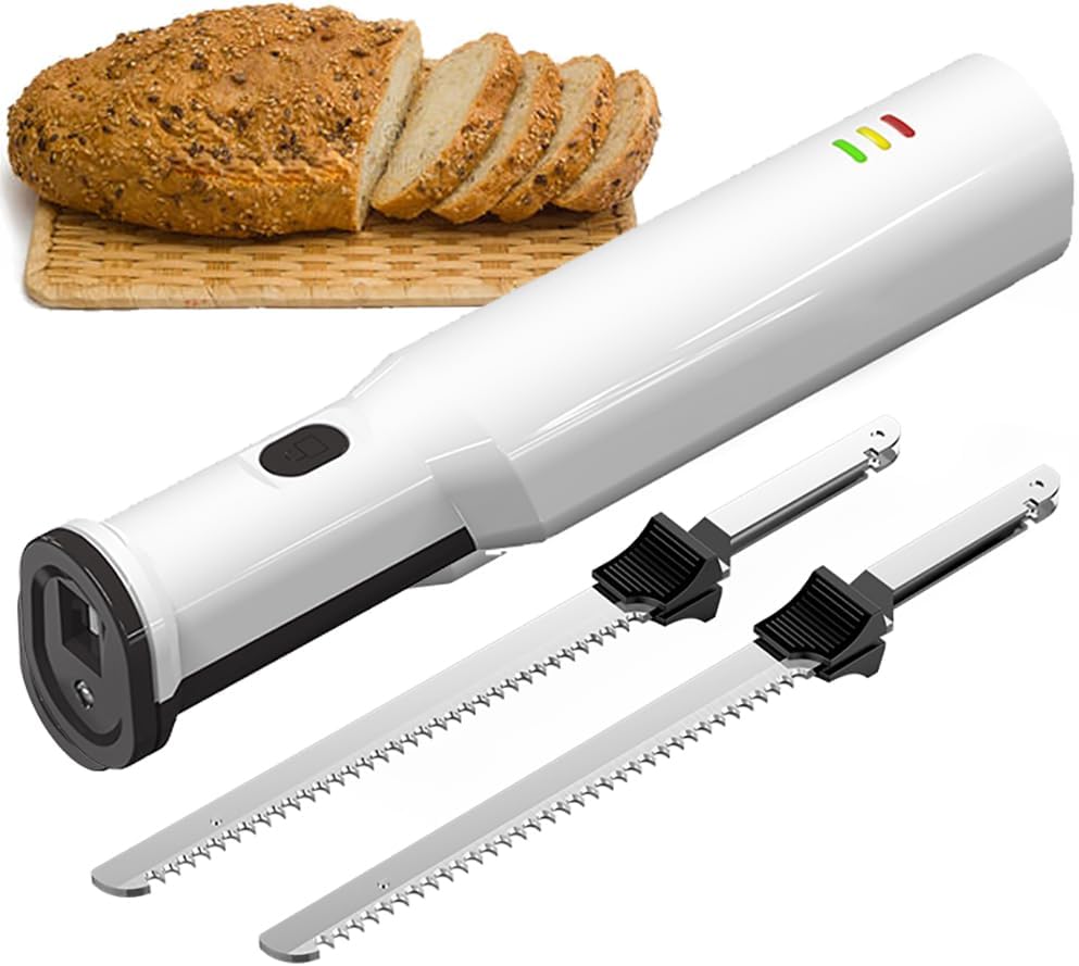 HYQNG Electric Carving Knife Bread Knife, Cordless Rechargeable Meat Slicer Knife with 2 Serrated 8” Stainless Steel Blades Safety Lock Trigger Release, Carving Meats, Poultry, Bread