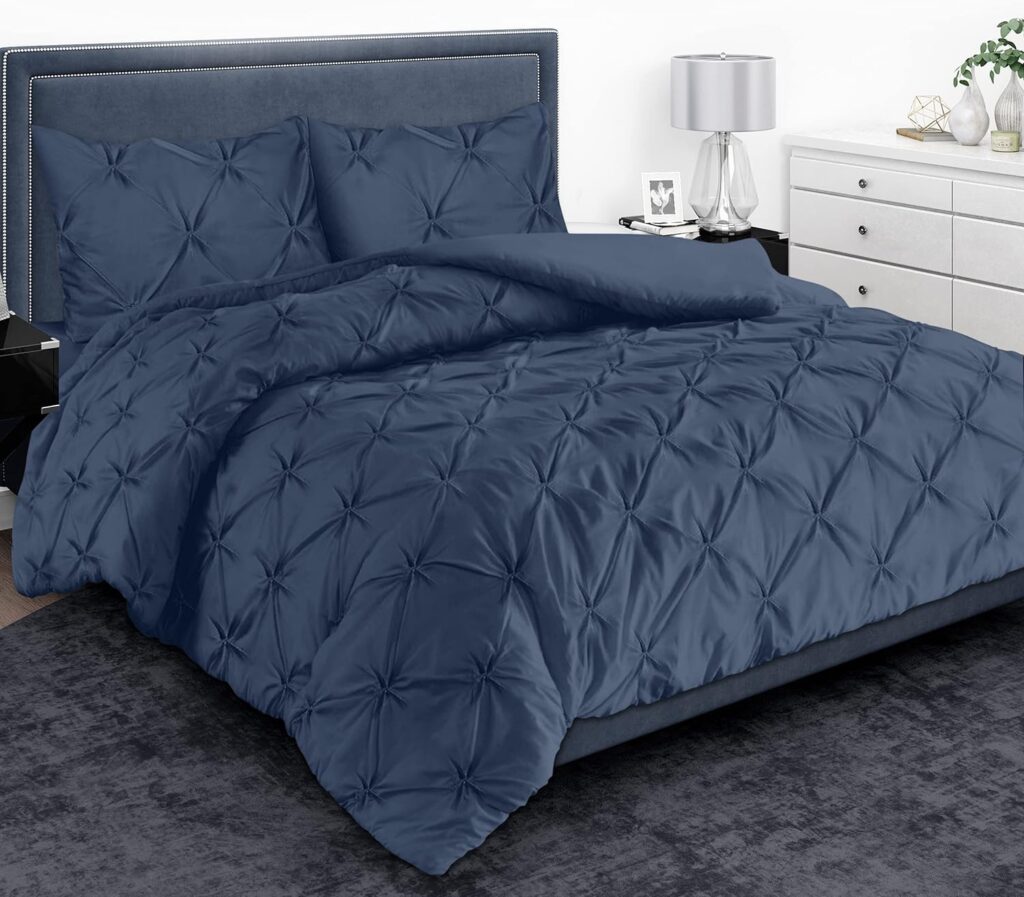 MH Home Pintuck King Size Duvet Cover Set - 200 Thread Count 100% Egyptian Cotton Pinch Pleated Quilt Bedding Covers Set (Navy Blue, King)