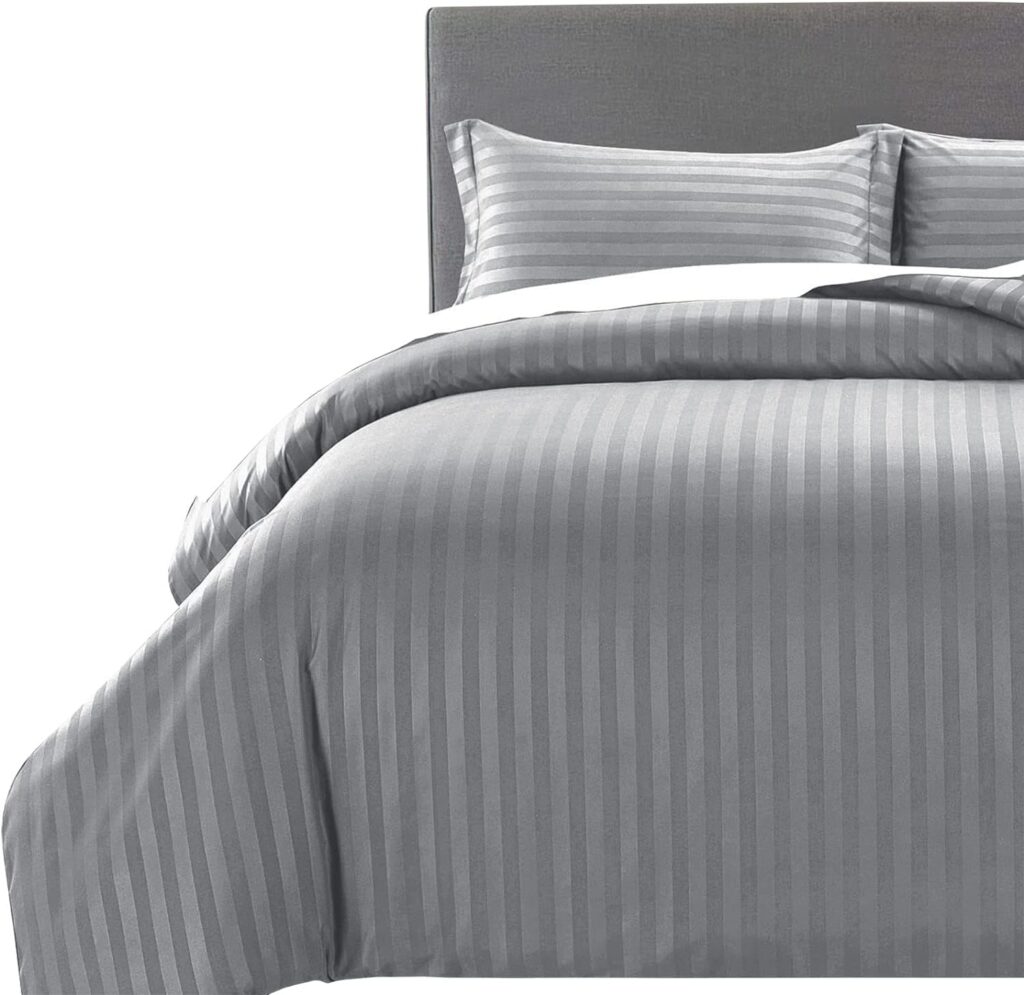 MOONLIGHT20015 King Size Duvet Cover Sets Hotel Quality Stripes Satin Bedding Sets with 2 Pillowcases, Reversible Hypoallergenic Soft Breathable Bed Covers (Light grey, King)