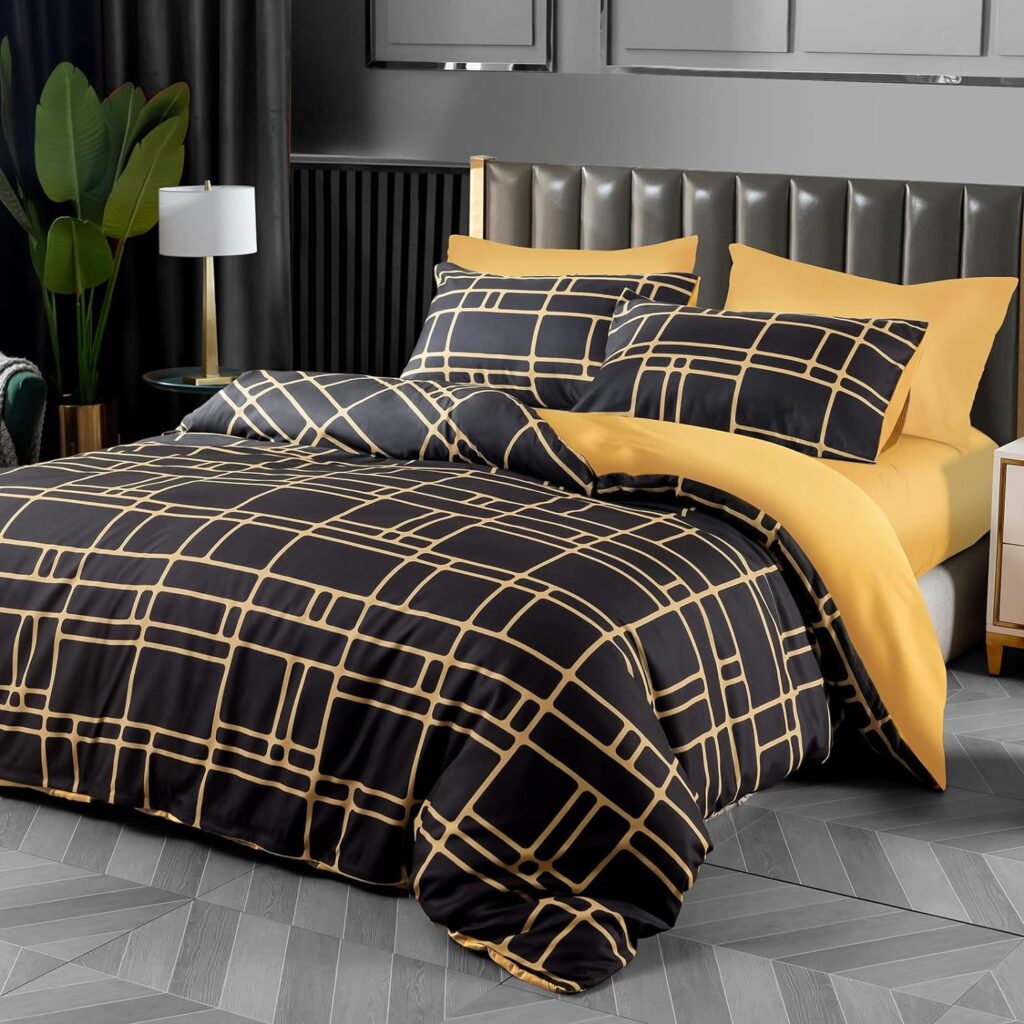 Pamposh Double Duvet Set Black Gold Doublesided Bedding Set 3 PCS With Pillowcases Ultra Soft Anti Allergic Non Iron Luxury Microfiber (Black, Double (200 x 200 cm))