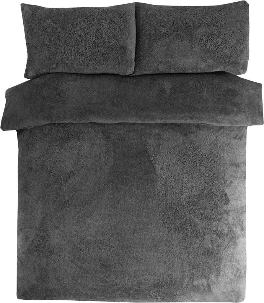 Sleepdown Teddy Fleece Duvet Cover Quilt Bedding Set with Pillow Case Thermal Warm Cosy Super Soft - Single - Charcoal