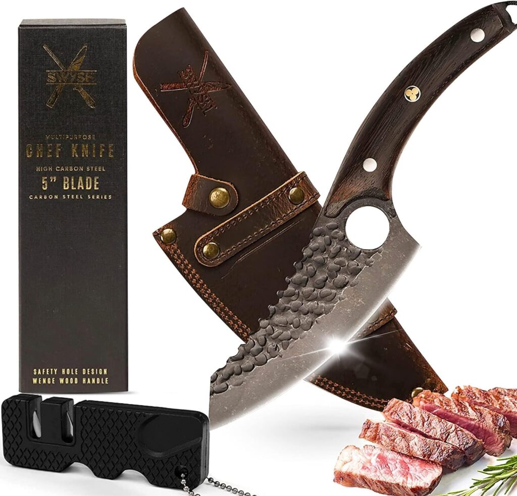 SWYSH Japanese Kitchen Knife - Perfect Cooking Gift for Chefs with Mini Sharpener - 5 Professionally Designed Sharp Meat Knife, Fish and Vegetable Knife - Leather Sheath, Cloth Premium Gift Box