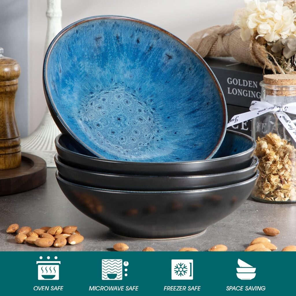 vancasso Bubble Stoneware Wide and Deep Pasta Bowl Set, 4-Piece Reactive Glaze Blue Soup Plate, 8.2in Soup Bowl Large Bowl. 950ml/32oz