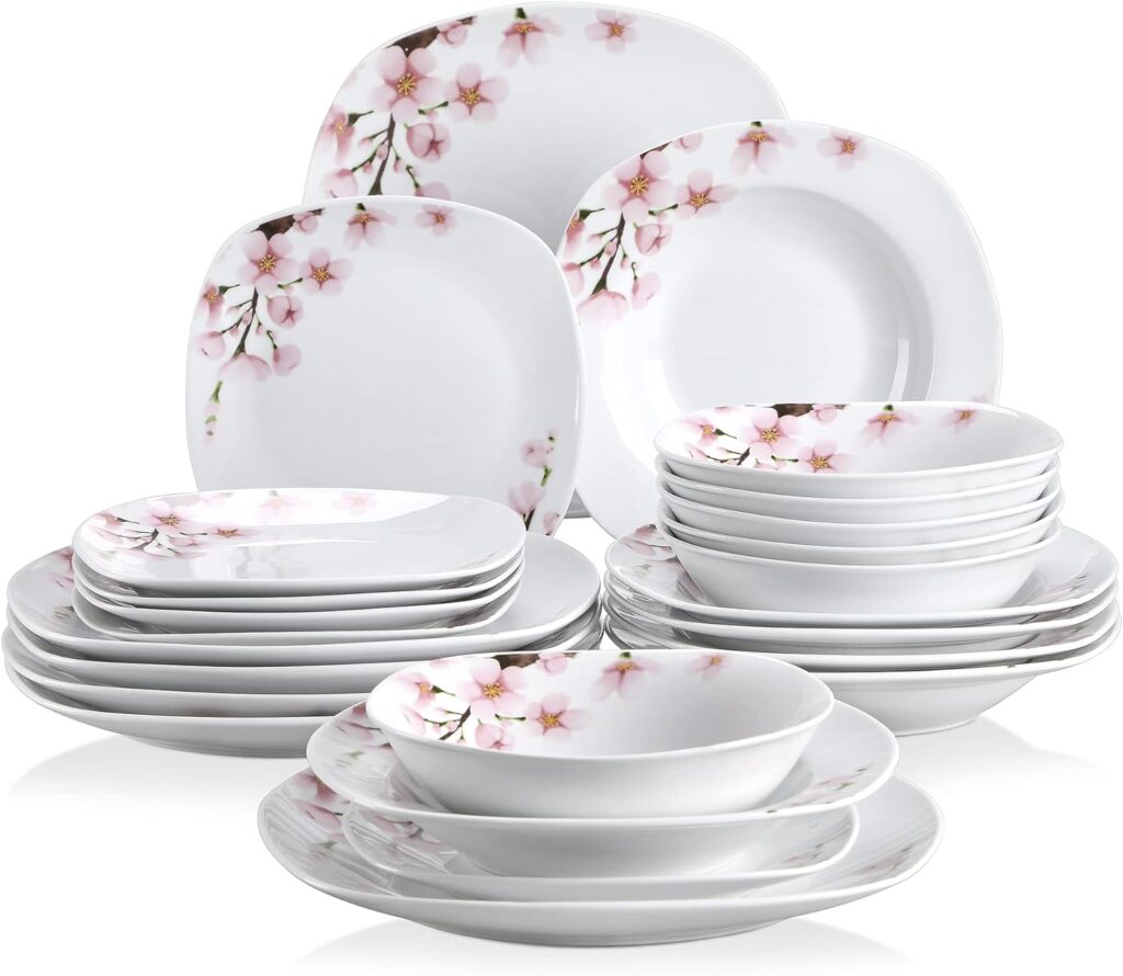 VEWEET Annie 24-Piece Dinner Set Ivory White Pink Floral Porcelain Dinnerware Set China Ceramic Tableware Set with Bowls, Dessert Plates, Soup Plates, Dinner Plates Service for 6