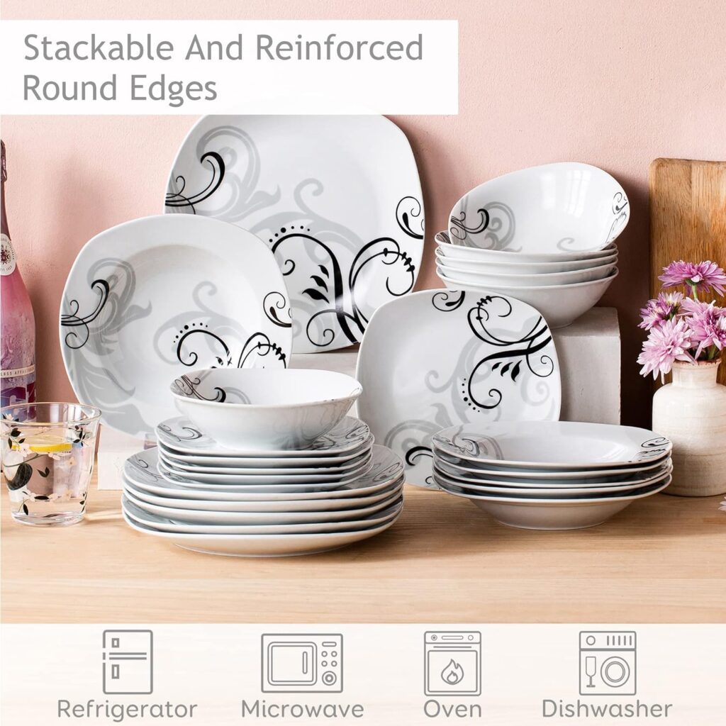 VEWEET Annie 24-Piece Dinner Set Ivory White Pink Floral Porcelain Dinnerware Set China Ceramic Tableware Set with Bowls, Dessert Plates, Soup Plates, Dinner Plates Service for 6